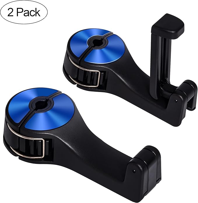 Amooca Car Seat Hooks for Purses and Bags with Phone Holder, Universal Car Headrest Storage Organizer Hanger Hook with Lock, 360° Rotation Headrest Hooks, 2 in 1 Car Headrest Hooks, 2 Pack, Blue