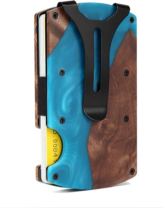 Slim Wallet for Men,RFID Blocking Minimalist Metal Wallet, Money Clip/Cash Holder, Front Pocket Aluminum Credit Card Holder, Ideal Gift for Men,Resin Light Blue-Wood