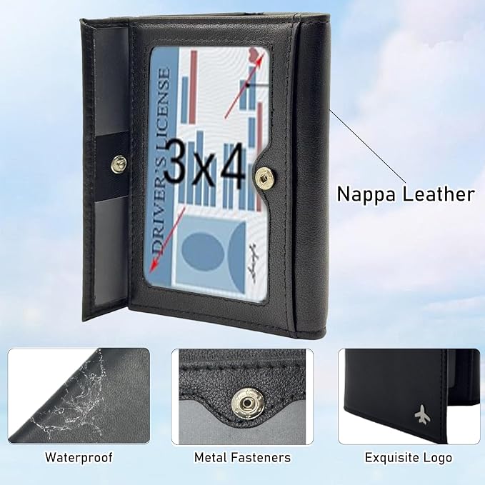 Pilot Wallet Passport Holder RFID Blocking Nappa Leather Travel Wallet, Stylish Travel Companion for Aviation Professionals (Black)
