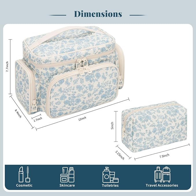 Makeup Bag Set, Travel Makeup Bag Organizer for Women Cute Floral Cosmetic Pouch Large Capacity with Makeup Brush Compartment, Cosmetic Travel Bag with Divider and Handle Toiletry Bag - Floral