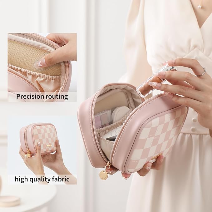 RIGHT AWAY Checkered Makeup Bag for Purse,Small Cosmetic Bag Organizer for Women, Travel Make Up Pouch Waterproof Toiletry Bag Cute Makeup Case for Travel Accessories(Pink Checkerboard)