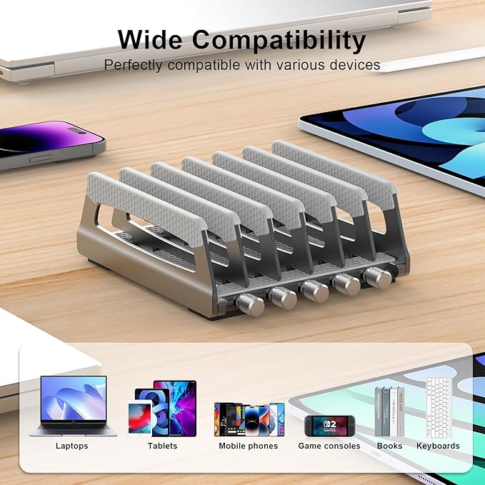 Elestoria 6-Slot Vertical Laptop Stand & Holder ?“Adjustable Aluminum Laptop Stand Vertical for Desk Fits 6 Devices, MacBook & Gaming Laptops (Up to 17.3???“Space Saving Laptop Storage Rack - Grey