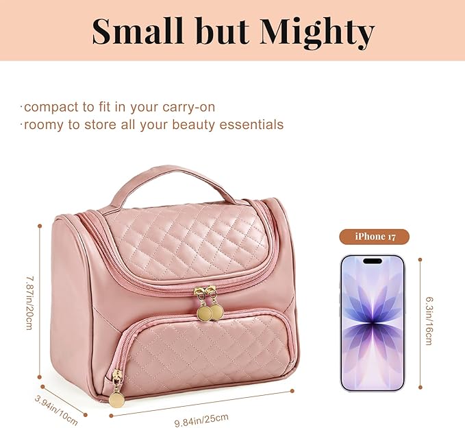 Greenfeather Cosmetic Bags for Women，Hanging Toiletry Bag with Makeup Brush Womens Travel Toiletry Bag for Women Essentials Travel Organizer for Full Sized Cosmetics and Toiletries Pink