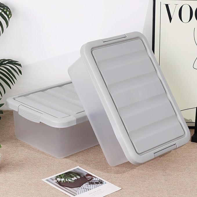 Wekioger Plastic Home Storage Bin with Grey Lid, 14 Quart Frosted Clear Latching Bin, 2 Packs