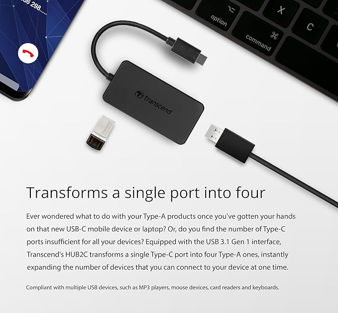 Transcend USB C Hub for iPhone17,16,15/MacBook Pro, Air/iPad Pro/iMac/Windows/Android/Tablet/Desktop/Laptop/Flash Drive, 4-Port HUB with Type C, 4-Port USB3.1 GEN1 (USB 5Gbps) - TS-HUB2C