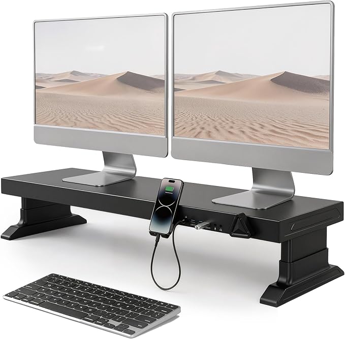 Height Adjustable Monitor Riser with 6-Port Hub ??37.6" Extra Wide Desk Stand for Dual Monitors, Continuous Height Adjustment 4.33??.69" via Knob, USB-C Fast Charging, Carbon Steel Black