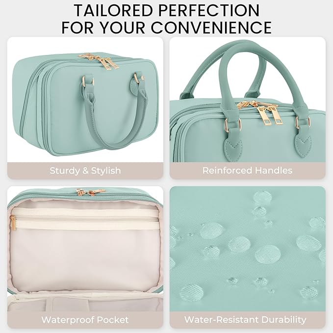 Travel Makeup Bag for Women Fashion Large Capacity Pouch Open Flat Cosmetic Portable Organizer Waterproof Large Opening Storage Toiletry Bags Vertical Free-Standing Brush Holder for Easy Access Blue