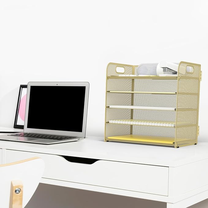 Sinboun Letter Tray Paper Organizer 5-Tier Desk Organizer File Organizer Paper Holder with Handle, Metal Desktop Document Shelf Tray Office Classroom Organization - Gold