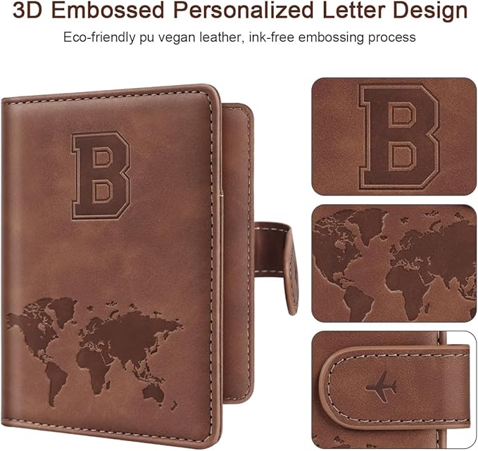 Passport Holder Wallet Cover Personalized Letter A-Z Travel Wallet RFID Blocking Passport Cover Wallet Case for Travel Passport Book Holders for Women and Men, Brown-B