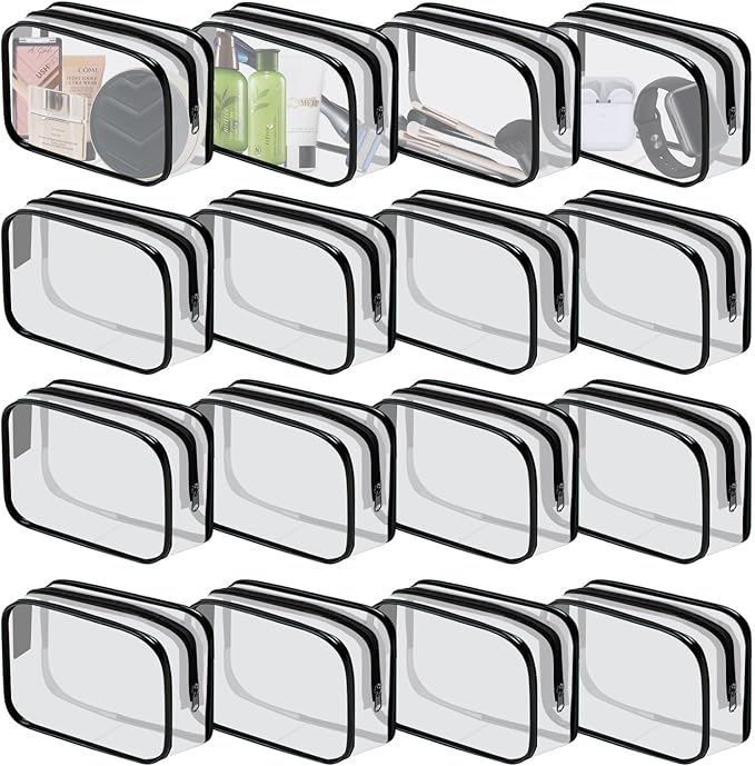 YedsIntu 16 Pieces Clear Cosmetic Bags PVC Clear Makeup Bags TSA Approved Toiletry Bag with Zipper Waterproof Vinyl Plastic Organizer Storage Transparent Pouch for Women and Men (Black, Small)