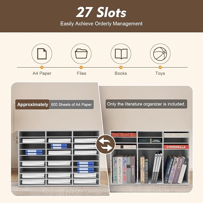 27 Slot Literature Organizer, Vertical Desktop File Sorter Mail Center with Thickened PVC Board, Vertical Paper Storage Cabinet for Classroom, Home & Office (27 Slots White)