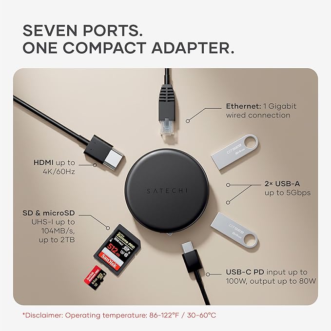 Satechi OntheGo??7-in-1 USB-C Hub, Compact Magnetic Multiport Adapter, 100W PD, HDMI 4K/60Hz, Gigabit Ethernet, 2×USB-A 5Gbps, SD/microSD Reader, Coiled Cable, for Mac & Windows ??Space Black