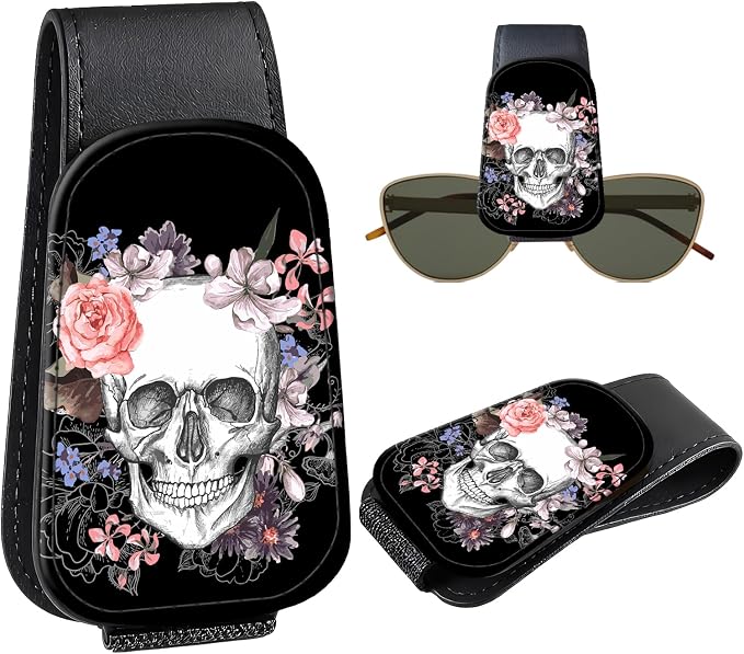 Leather Magnetic Sunglass Holder for Car Sun Visor, Cute Eyeglass Ticket Card Hanger Clip, Universal Auto Interior Accessories for SUV Pickup Truck, Skull Floral