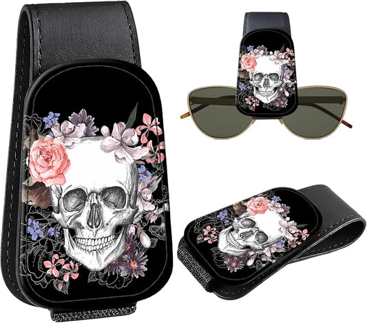 Leather Magnetic Sunglass Holder for Car Sun Visor, Cute Eyeglass Ticket Card Hanger Clip, Universal Auto Interior Accessories for SUV Pickup Truck, Skull Floral