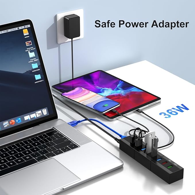Powered USB 3.0 Hub, RAOYI 8 Ports High Speed USB 3.0 Hub Splitter with 36W Power Adapter, 3.3ft Cable and Smart Fast Charger USB Hub for for Laptop, PC, Mac, Mobile HDD, Mulitple Devices (Black)