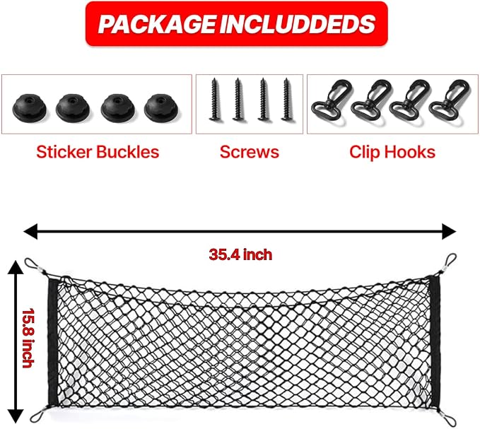 Universal Double Layer Cargo Net for SUV,Stretchable Rear Cargo Net,35.4× 15.8 inch Elastic Trunk Storage Net with Hooks,Black Storage Organizer for Car SUV and Trucks
