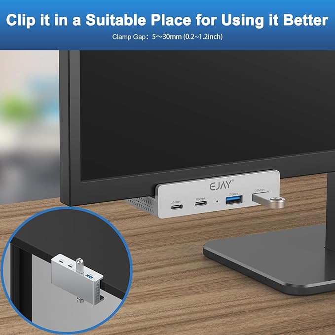 EJAY 4Ports 10Gbps USB-C HUB USB3.2 Clamp USB HUB Splitter,Mountable USB-C Adapter with Data & Power Cable for iMac 2021 and later-10Gbps(Sliver)