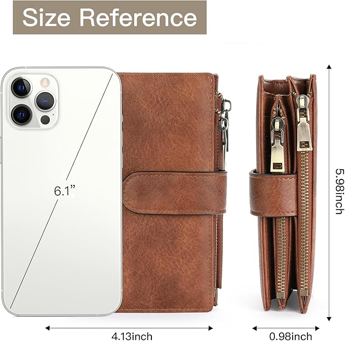 GOIACII Womens Wallets RFID Blocking Leather Trifold Clutch Wallet Credit Card Holder Ladies Purse 3 ID Windows Brown