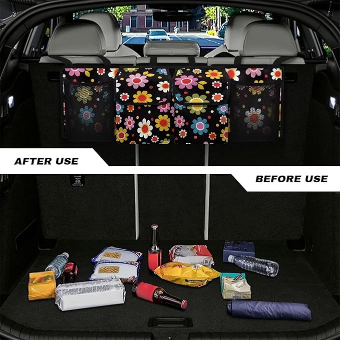 Abstrct Hippie Flower Car Trunk Organizer and Storage Backseat Hanging Organizer for SUV, Truck, MPV, Van Waterproof Car Storage Trunk Organizer Car Interior Accessories