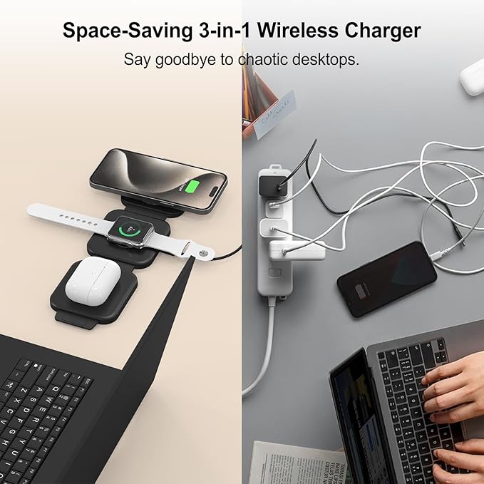 Wireless Charging Station for Apple Multiple Devices - 3 in 1 Foldable Magnetic Wireless Charger - Travel Charging Pad for iPhone 16 15 14 13 12 Pro Max Plus Watch & AirPods (Black)