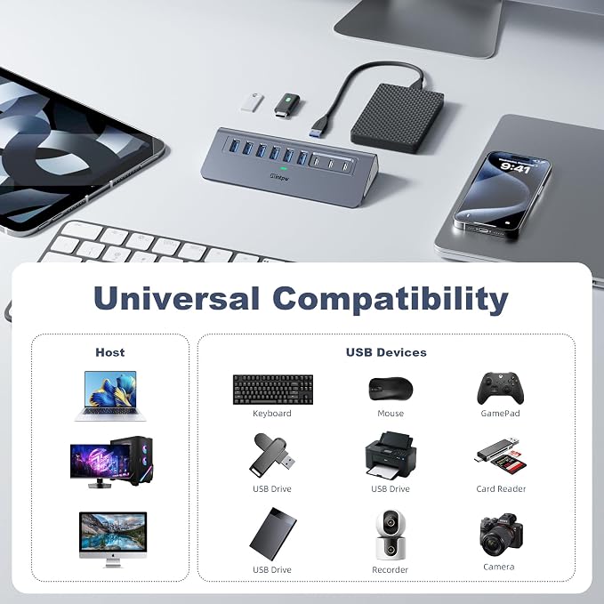 Powered USB Hub 10Gbps, intpw YH6AC 9-Port USB HUB with 10Gbps USB A/USB C 3.2, 4 USB 3.0, 2 PD 45W Charging Port, 65W Power Adapter + 5FT Cable, Aluminum USB Hub for Laptop, PC,iPhone 17/16
