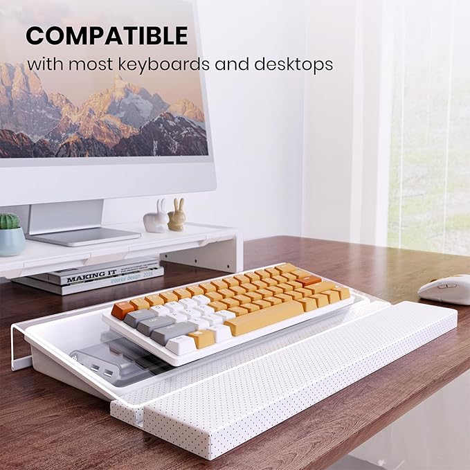 3 in 1 Keyboard Stand w/Wrist Rest and Storage Tray - Klearlook [Ultra Comfortable] PU Leather Wrist Pad & Acrylic Keyboard Riser, 16.9x7.3 inch Tilt Adjustable Computer Keyboard Stand Holder-White