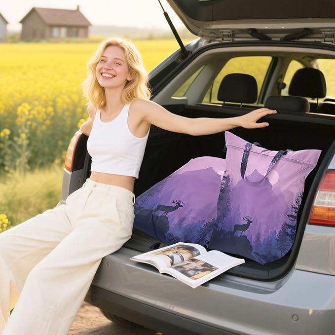 Travel Laundry Bags 2 PC Wet Dry Bag with Handle Dirty Clothes Organizer for Swimsuits Beach Camping Waterproof Washable Purple Stag Mountains Moon and Trees