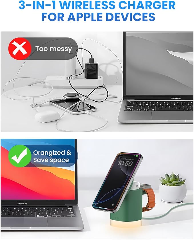 Wireless Charging Station for Apple Mag-Safe: JoyGeek 3 in 1 Magnetic Foldable Charger Stand for iPhone 16 15 14 13 12 Pro Max Plus - Apple Watch 10 9 8 7 6 5 4 SE - AirPods Pro 2/3/4
