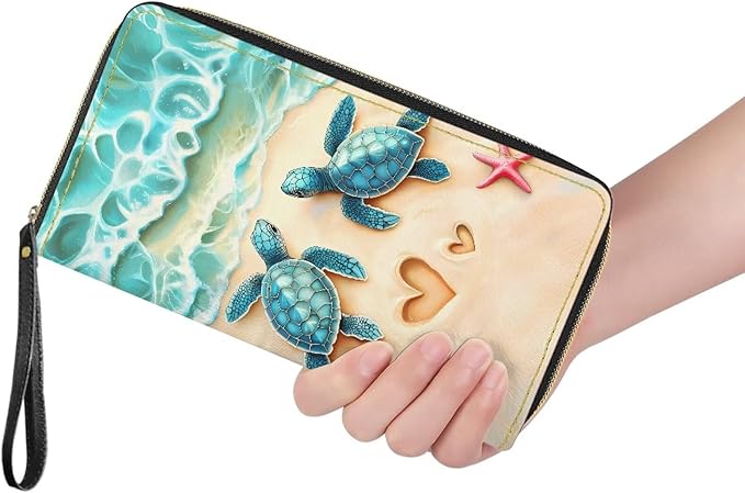 Bulopur Beach Sea Turtle Wallets with Wristlet for Women Envelope Long Wallets Zip Around Small Handbags PU Leather Travel Wallet Passport Holder for Ladies