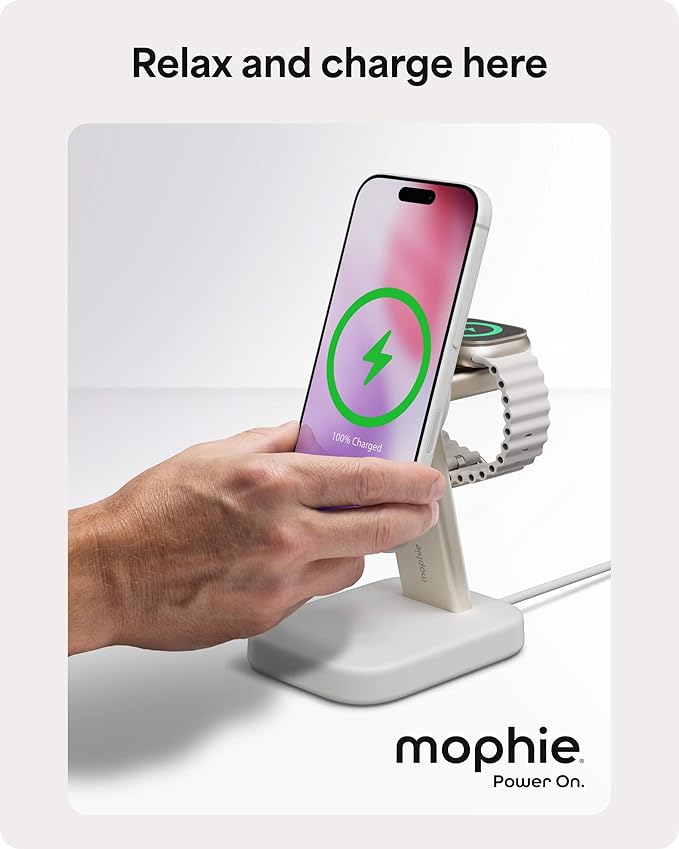 Mophie 2-in-1 Wireless Charging Stand - Qi2-Certified, MagSafe Charger for iPhone & Apple Watch – Fast Charging Station with Adjustable Phone Stand & Cable Management – Up to 15W Power