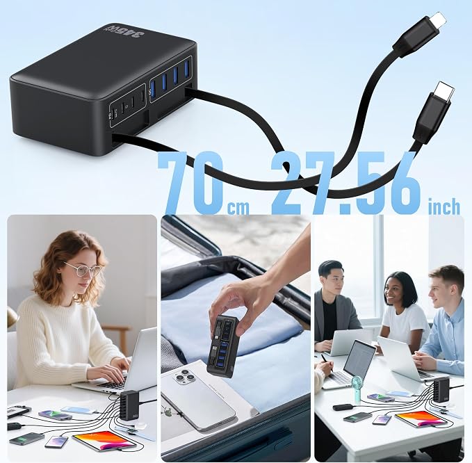 345W USB C Charger 10 in 1 Retractable Wall Charger with 2 Cables,GaN 6 USB C Charging Station Phone Charging PD Laptop Charger Adapter for MacBook Pro/Air,DELL,iPhone17/16/15,Galaxy S24,Android etc