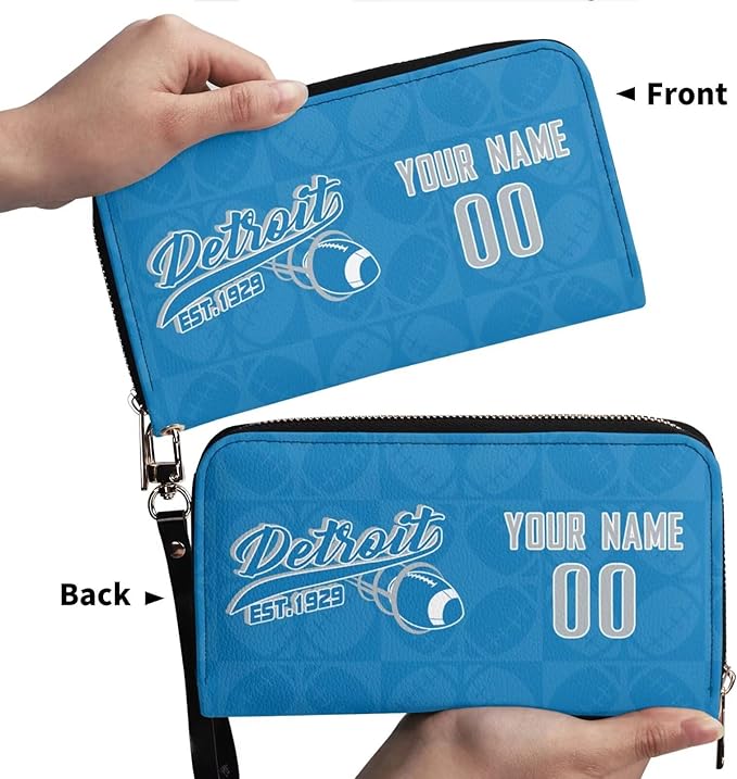 Custom Sports Team Zip Organizer Wallet-Personalized PU Leather Wallet with Name Number,Multi-Card Slots,Wrist Strap,Fan Gift for Men Women.