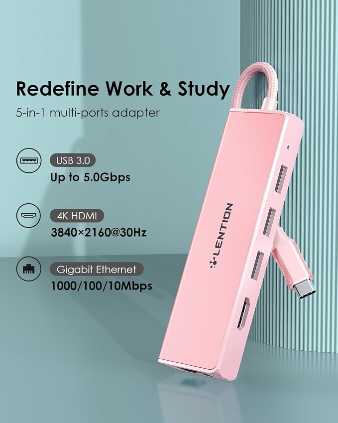 LENTION USB C Hub with Gigabit Ethernet Adapter, 4K HDMI, 3 USB 3.0 Port for MacBook Pro, New Mac Air, Surface, Chromebook, More, Stable Driver Certified (CB-C25, Rose Gold)