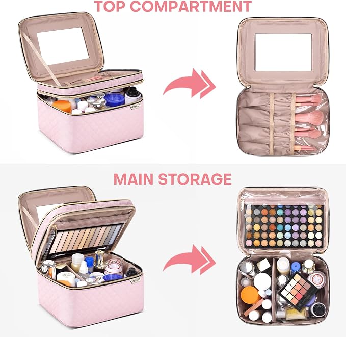 HXLGMD Double Layer Travel Makeup Bag Women, Cosmetic Organizer Case, Travel Essentials Accessories with Shoulder Strap for Bottles, Brushes, Conditioner, Skin Care Products, Pink