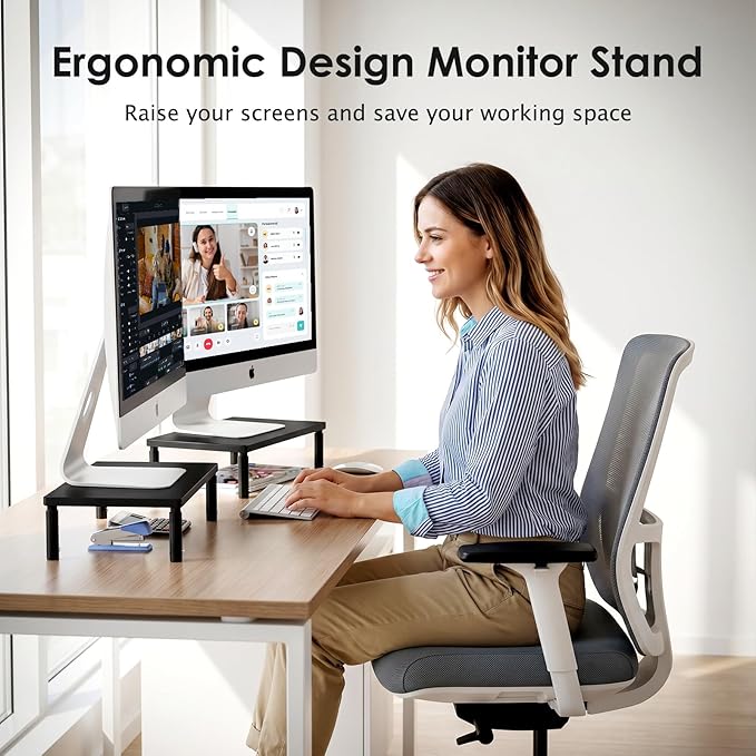 ECOLOVI Wood Laptop Stand for Desk, 4-Height Adjustable Computer Monitor Stand Riser for Desk Organizer and Accessories, Office Desk Accessories Workspace Organizer for Home Office Supplies, Black