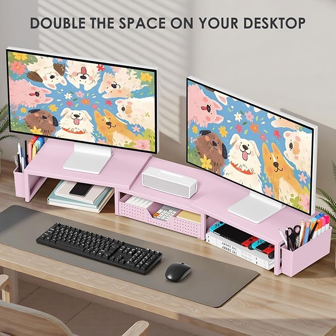 OPNICE Desk Organizers and Accessories, Dual Monitor Stand Riser with Drawer and 2 Pen Holders, Desk Shelf Metal Computer Racks for Office Workspace Organizers, Desktop Organization (Pink Metal)