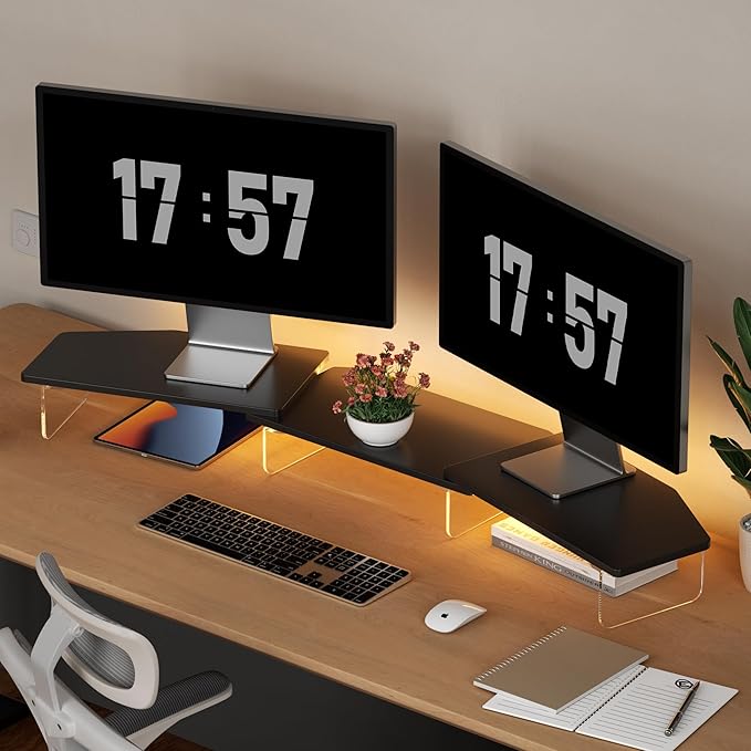 AFOOYO LED Dual Monitor Stand Riser for 2 Monitors,Office Desktop Wooden Stand Adjustable Length and Angle 3 Shelf,Extra Long Multifunctional Stand up to 44.4" for Computer,Laptop,TV,Black