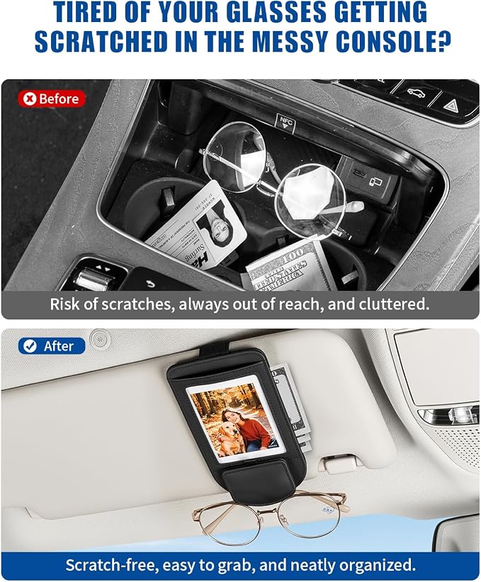 Car Visor Sunglasses Holder, 3 in 1 Glasses Clip with Photo Picture Display & Extra Storage Pocket, Anti-Slip Universal Sun Visor Organizer, 2026 Upgraded (2, Black)
