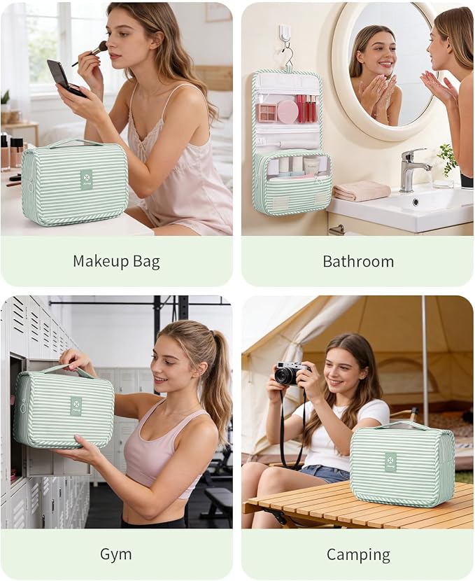 Narwey Small Hanging Toiletry Bag for Travel Women Girl, Striped Toiletries Travel Bag with Hook, Hanging Makeup Bag Organizer Make Up Cosmetic Bags, Gifts for Kids Teen (Mint Green Stripe)