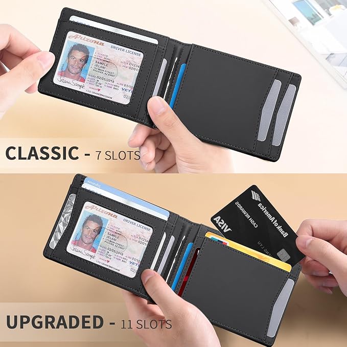RUNBOX Slim Wallet for Men Genuine Leather RFID Blocking Bifold Minimalist Front Pocket Mens Wallet with Money Clip Thin Gift Box