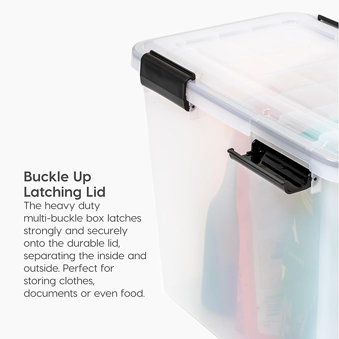 IRIS USA File Box WeatherPro Organizer Plastic for Letter/Legal, Water Resistant Document, Durable Lid, Seal w/Secure Latching Buckles, Stackable, Nestable, Clear 32 Qt. 1 Pack