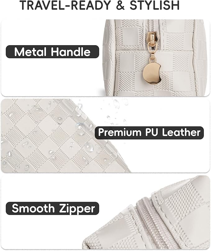 Checkered Makeup Bag for Purse - Cute PU Leather Travel Cosmetic Pouch for Women, Portable Flat Toiletry Organizer with Gold Zipper(white)