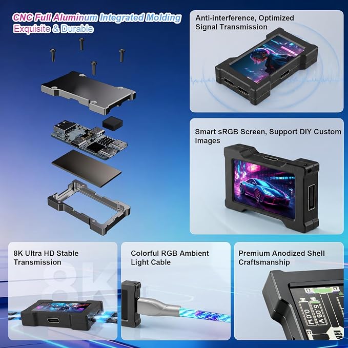 USB C Hub Docking Station with 1.9”IPS Smart Display, Power Monitor Screen | Aluminum Alloy Mini Desktop Dock, 2-In 3-Out 8K Usbc Splitter, DIY GIF Digital Photo Frame for Gaming & Desk Setup, Black