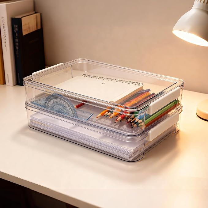 Clear Stackable Storage Box, Document Organizer with Lid, A4 Size File Container, Office Desktop Organization 13.66 * 9.21 * 2.56 Inch