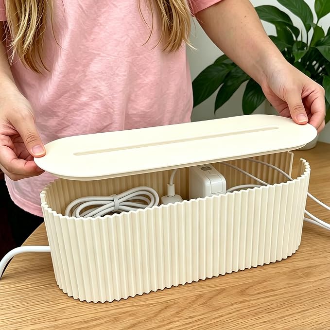 Cable Management Box Cord Organizer Box, Wires Hide Box Cord Concealer for Power Strips Surge Protectors Adapters Office Desk -Beige