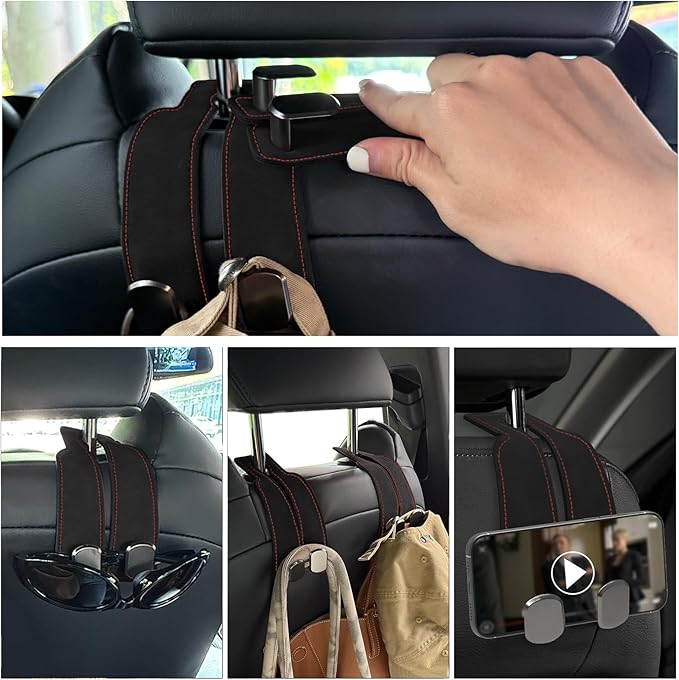 Travel Depot Headrest Hooks for Car, Purse Hook for Car, Premium Leather Twin Hook Car Seat Hooks, Double Hook Seat Back Storage Organizer for Purses, Bags, SUV, Truck, Vehicle, 2 Pack, Black