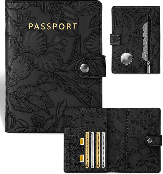 Slohif Floral Embossed Passport Wallet - Elegant Passport Wallet with AirTag Holder & RFID Blocking Slim Vegan Leather Passport Cover with Money Pocket and Card Slots Matte Black