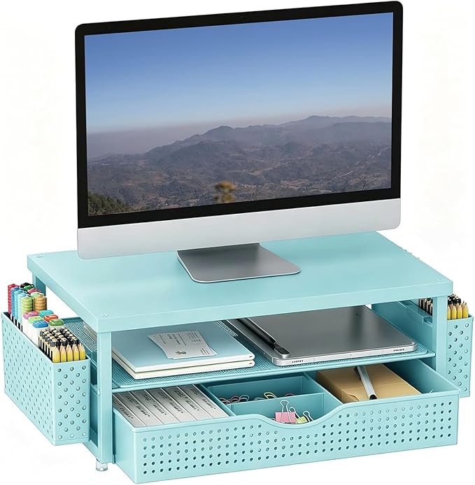 gianotter Desk Organizers and Accessories, Monitor Stand with Drawer and 2 Pen Holder, Desktop Organizer Suitable for Offices and Dormitories (Blue-Plain)