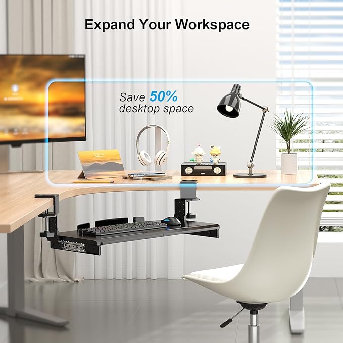 Supcline Keyboard Tray Under Desk with 60° Swivel C-Clamp & Height Adjustment for Corner Desk, 25.6 x 11.8 in Slide Out Keyboard Mouse Platform for l-Shaped & L-Shaped Table, Pull Out Keyboard Drawer