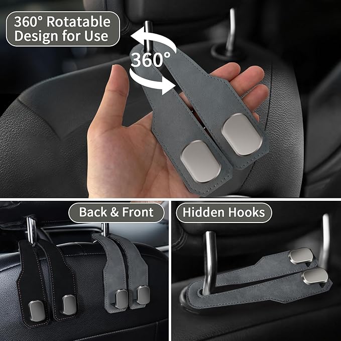 Car Seat Headrest Hooks for Purses and Bags, 4 Pack Bag Purse Holder for Car with Double Metal Hooks, Car Purse Hanger, Headrest Back Seat Handbags Hook Cute Hanging Accessories, Grey